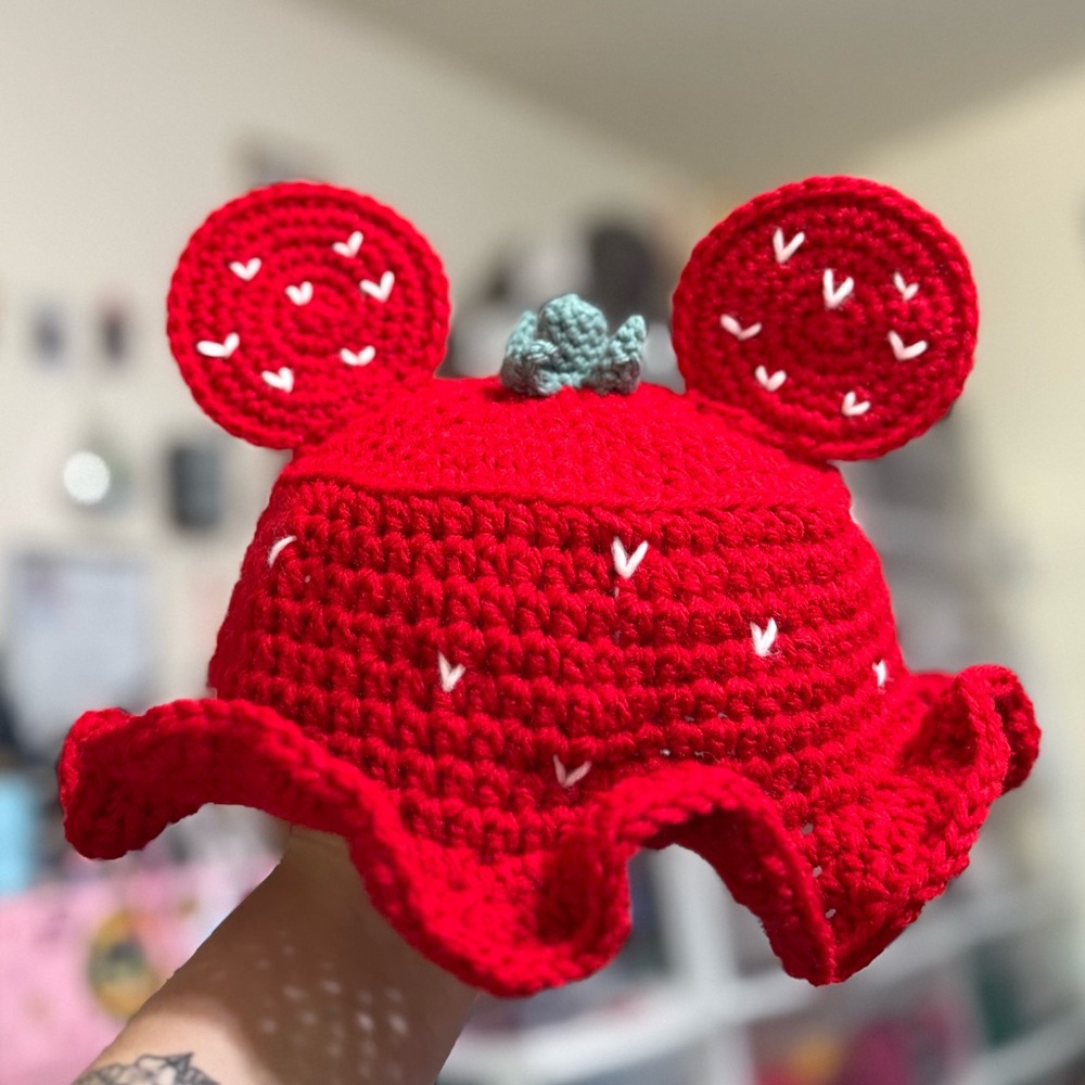 Crochet Adult Strawberry Hat with Mickey Ears